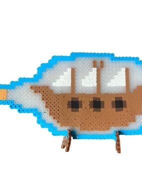 Hand Crafted blue and brown Perler Bead Ship Sculpture